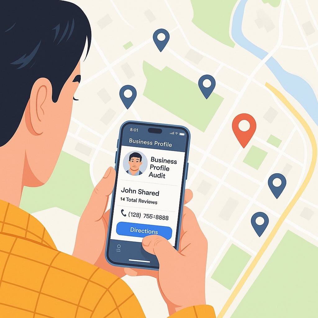 person looking up local business information from a Google Business Profile to make a phone call with the background as an image of Google Maps